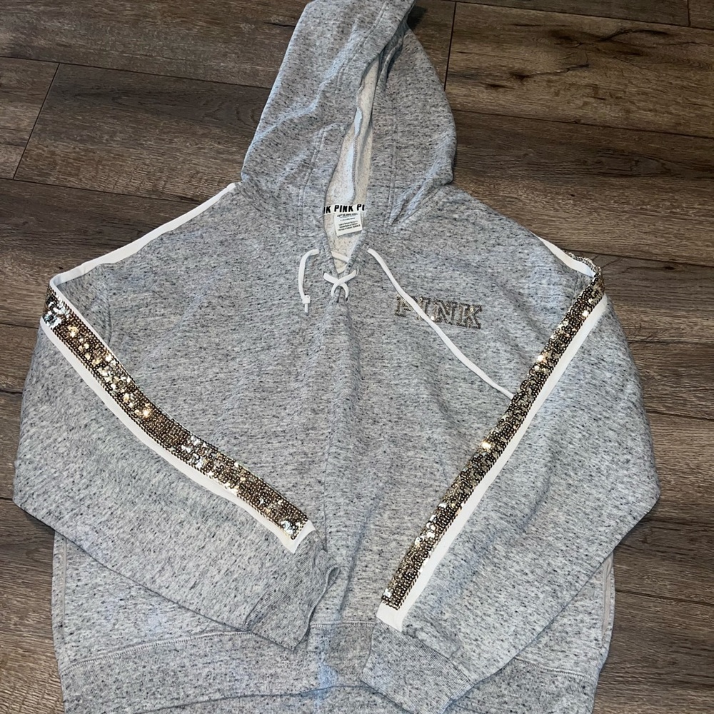 VS Pink Grey Sequin Rose Hoodie
